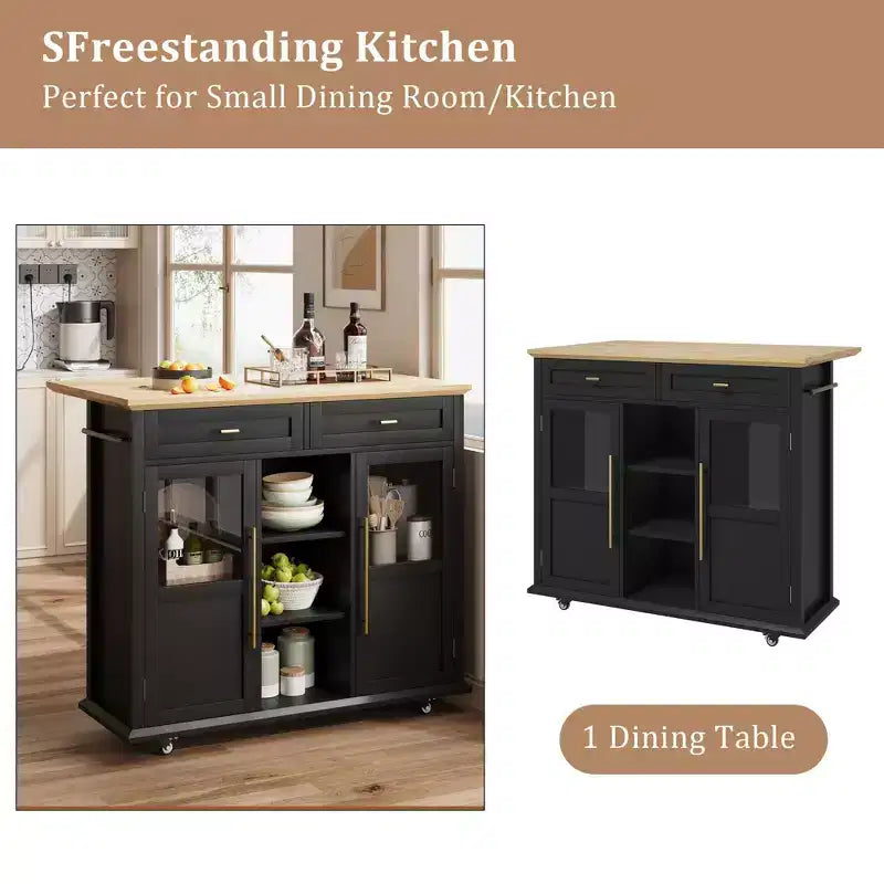 Îlot de cuisine mobile, chariot de cuisine roulant avec plateau à abattant élargi, 2 portes vitrées, porte-épices, porte-serviettes, rangement pour canettes et barre porte-serviettes