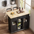 Îlot de cuisine mobile, chariot de cuisine roulant avec plateau à abattant élargi, 2 portes vitrées, porte-épices, porte-serviettes, rangement pour canettes et barre porte-serviettes