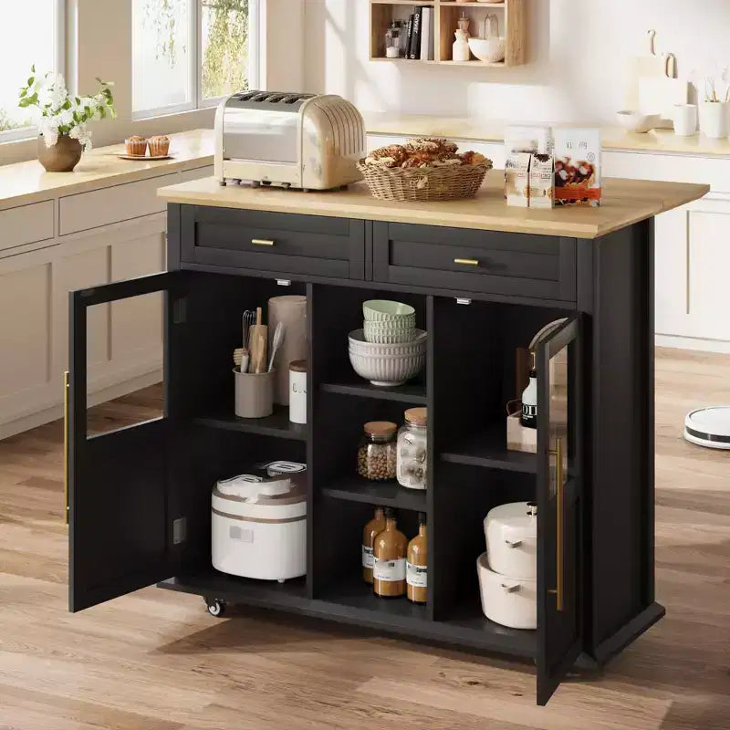 Îlot de cuisine mobile, chariot de cuisine roulant avec plateau à abattant élargi, 2 portes vitrées, porte-épices, porte-serviettes, rangement pour canettes et barre porte-serviettes