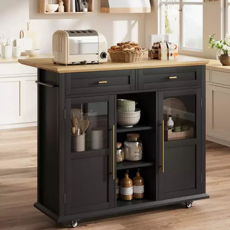 Îlot de cuisine mobile, chariot de cuisine roulant avec plateau à abattant élargi, 2 portes vitrées, porte-épices, porte-serviettes, rangement pour canettes et barre porte-serviettes