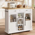 Îlot de cuisine mobile, chariot de cuisine roulant avec plateau à abattant élargi, 2 portes vitrées, porte-épices, porte-serviettes, rangement pour canettes et barre porte-serviettes