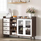 Meuble de bar à café de ferme avec rangement, Buffet de cuisine de 140 cm avec portes vitrées et étagères ouvertes, Meubles de rangement en bois
