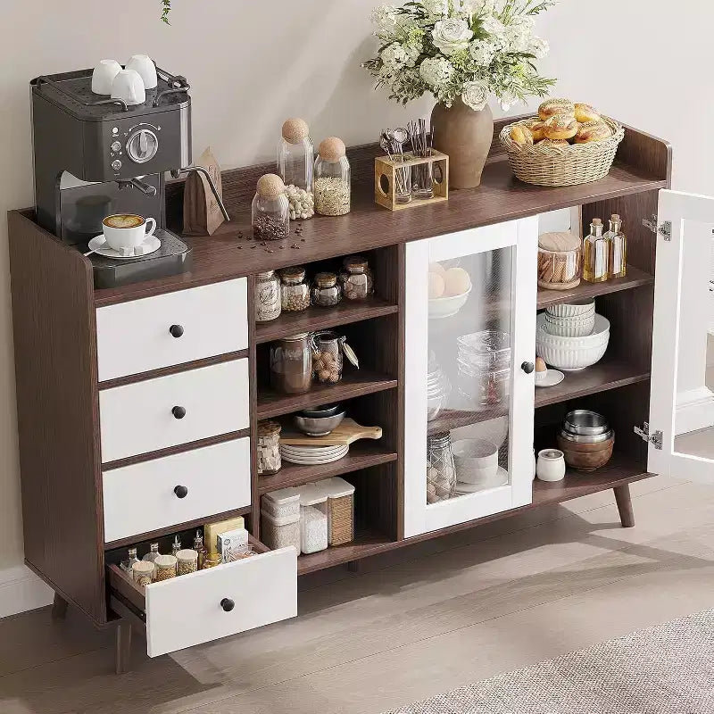 Meuble de bar à café de ferme avec rangement, Buffet de cuisine de 140 cm avec portes vitrées et étagères ouvertes, Meubles de rangement en bois