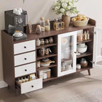 Meuble de bar à café de ferme avec rangement, Buffet de cuisine de 140 cm avec portes vitrées et étagères ouvertes, Meubles de rangement en bois