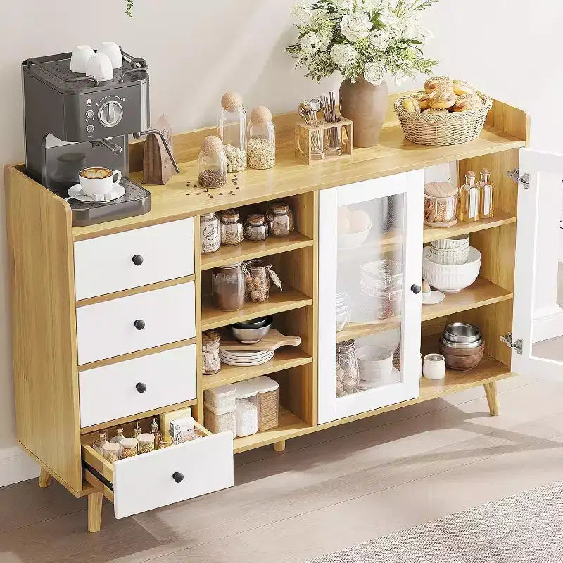 Meuble de bar à café de ferme avec rangement, Buffet de cuisine de 140 cm avec portes vitrées et étagères ouvertes, Meubles de rangement en bois