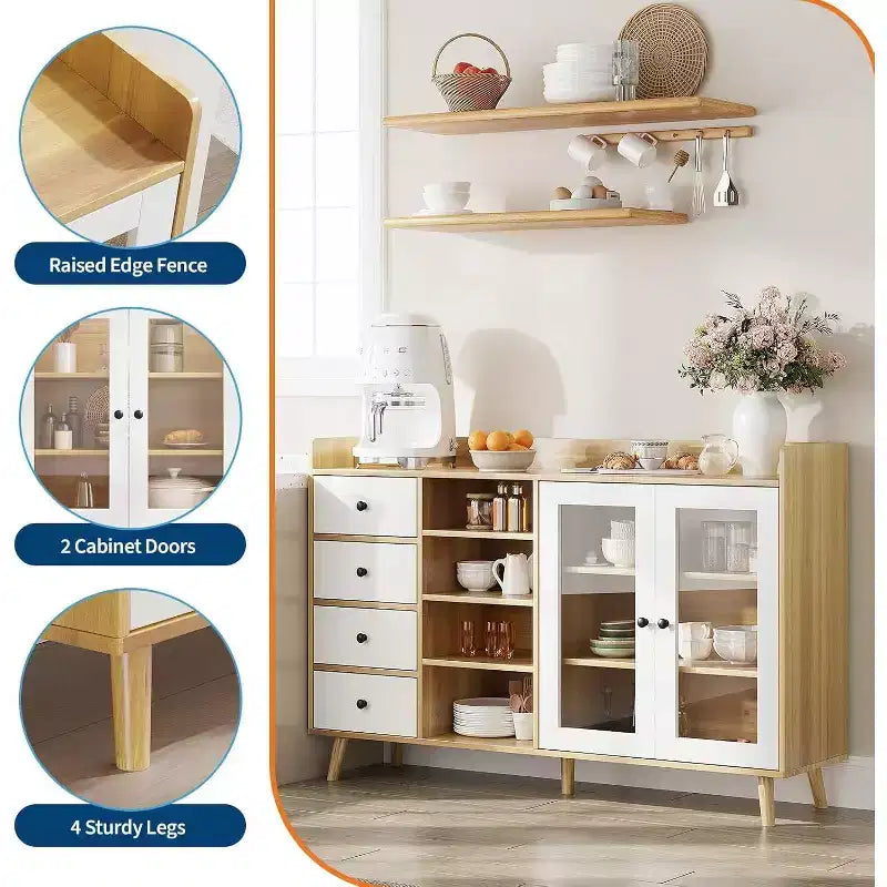 Meuble de bar à café de ferme avec rangement, Buffet de cuisine de 140 cm avec portes vitrées et étagères ouvertes, Meubles de rangement en bois