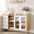Meuble de bar à café de ferme avec rangement, Buffet de cuisine de 140 cm avec portes vitrées et étagères ouvertes, Meubles de rangement en bois