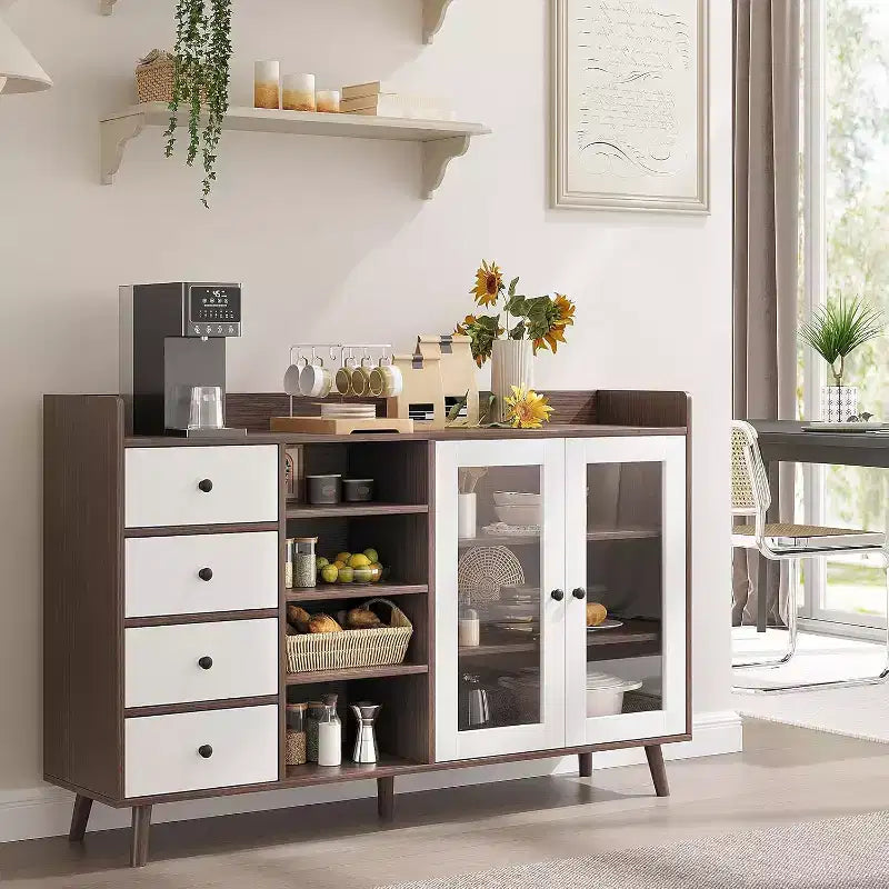 Meuble de bar à café de ferme avec rangement, Buffet de cuisine de 140 cm avec portes vitrées et étagères ouvertes, Meubles de rangement en bois