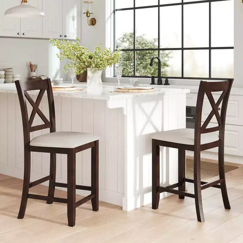 Tabourets de bar Costway en bois d'hévéa, lot de 2/4, avec repose-pieds et coussin en lin confortable