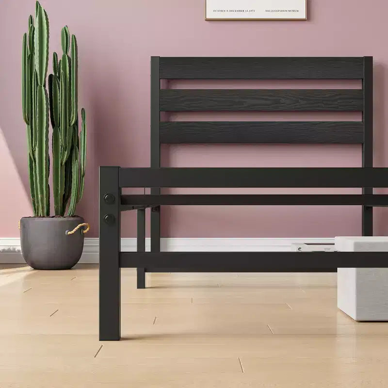 CLIHOME Cadre de lit plateforme noir avec tête de lit rustique en bois vintage, aucun sommier tapissier requis