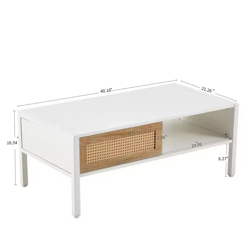 Table basse en rotin blanc 40,16 po avec porte coulissante et pieds en métal pour salon moderne