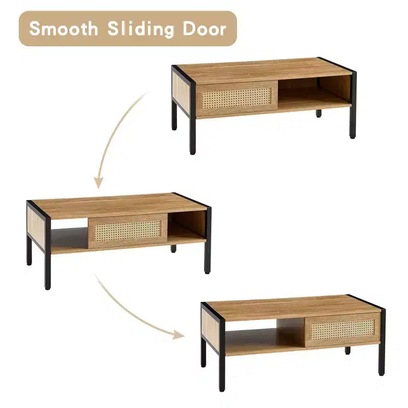 Table basse en rotin blanc 40,16 po avec porte coulissante et pieds en métal pour salon moderne