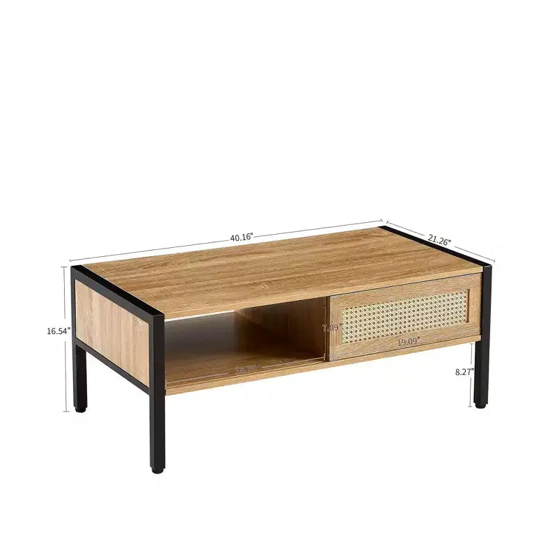 Table basse en rotin blanc 40,16 po avec porte coulissante et pieds en métal pour salon moderne
