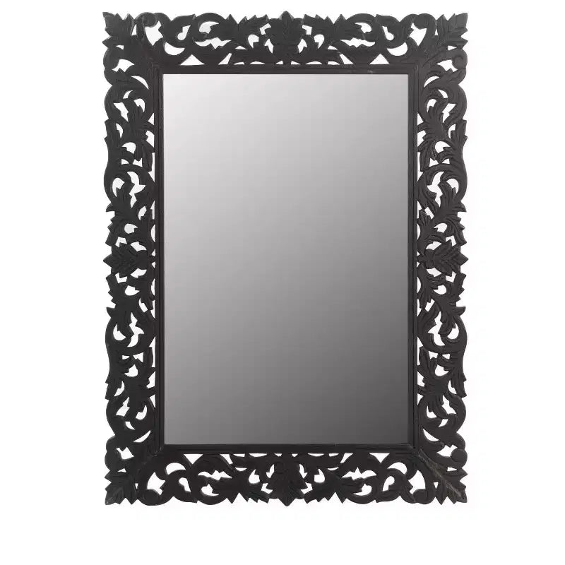 HomeRoots 47 Black Floral Carved Solid Wood Framed Accent Mirror