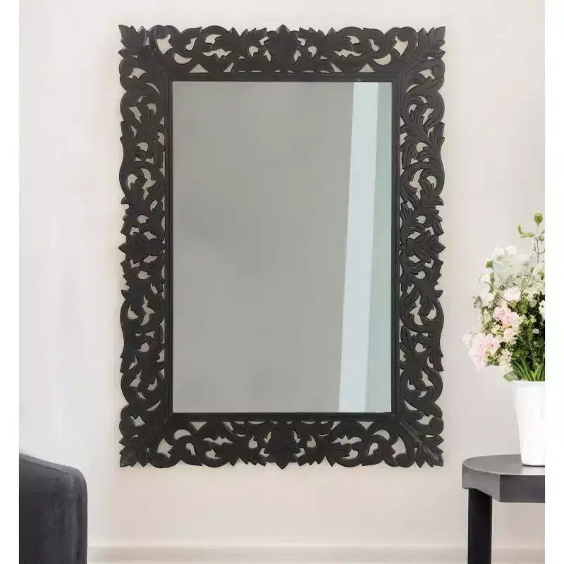HomeRoots 47 Miroir d'appoint encadré en bois massif sculpté floral noir