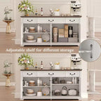 Dyonery Buffet avec grand rangement de 165 cm, 3 tiroirs et 4 portes, meuble de bar à café, blanc/gris.