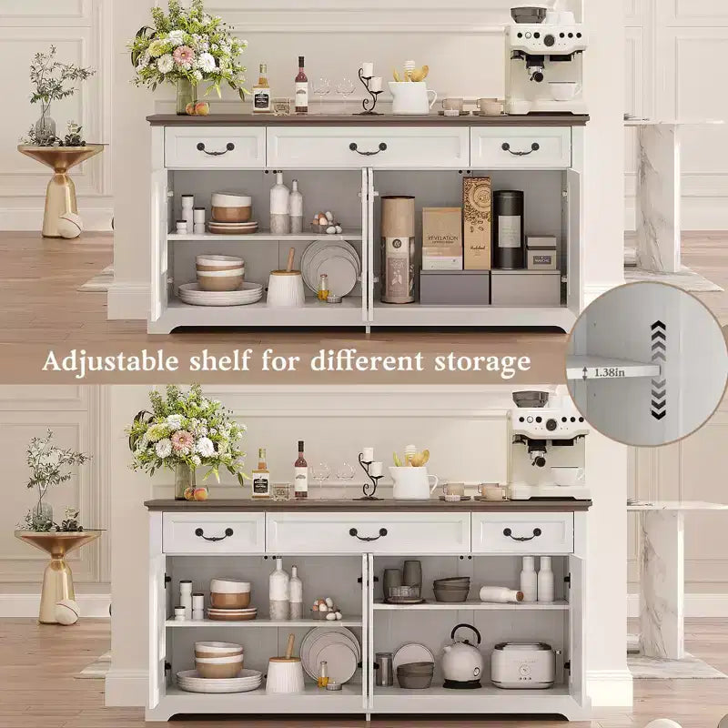 Dyonery Buffet avec grand rangement de 165 cm, 3 tiroirs et 4 portes, meuble de bar à café, blanc/gris.