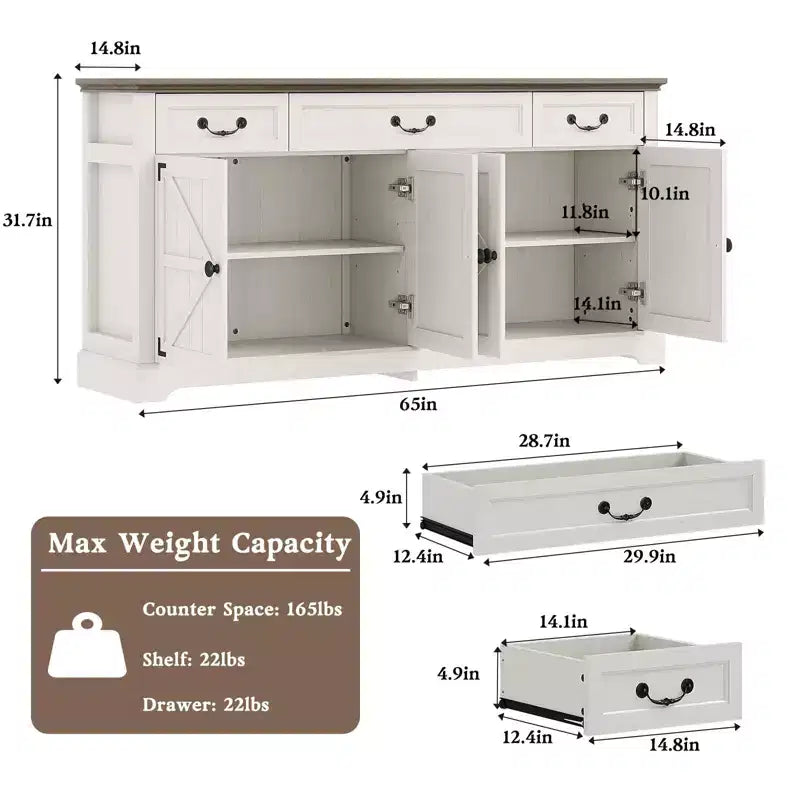 Dyonery Buffet avec grand rangement de 165 cm, 3 tiroirs et 4 portes, meuble de bar à café, blanc/gris.