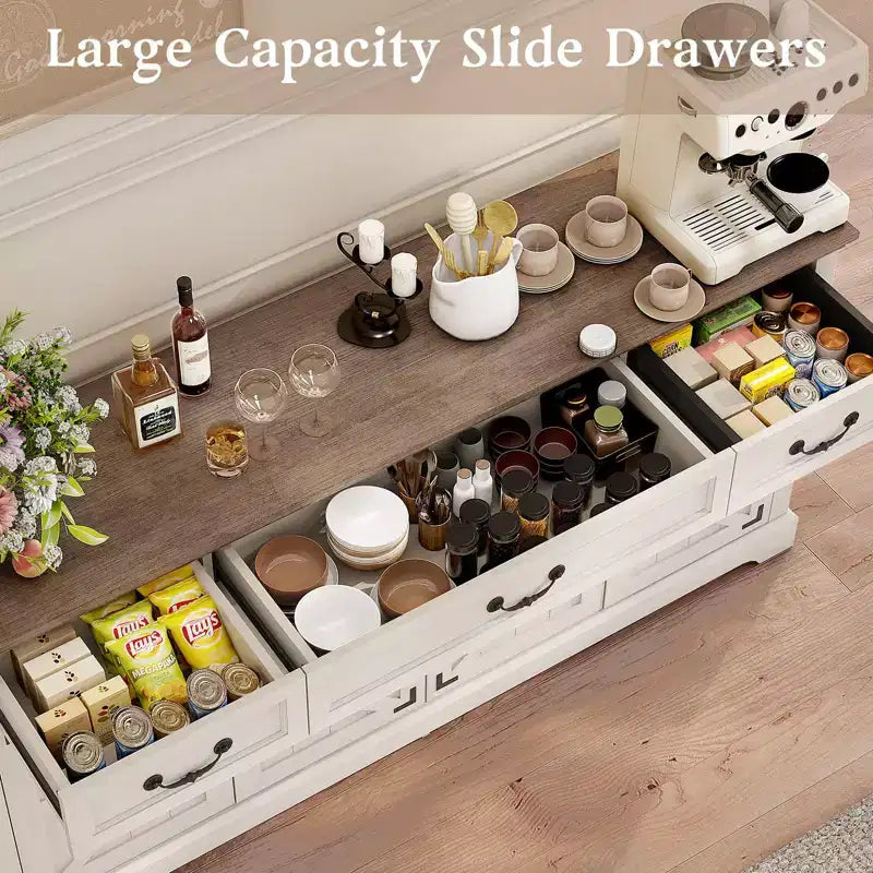 Dyonery Buffet avec grand rangement de 165 cm, 3 tiroirs et 4 portes, meuble de bar à café, blanc/gris.
