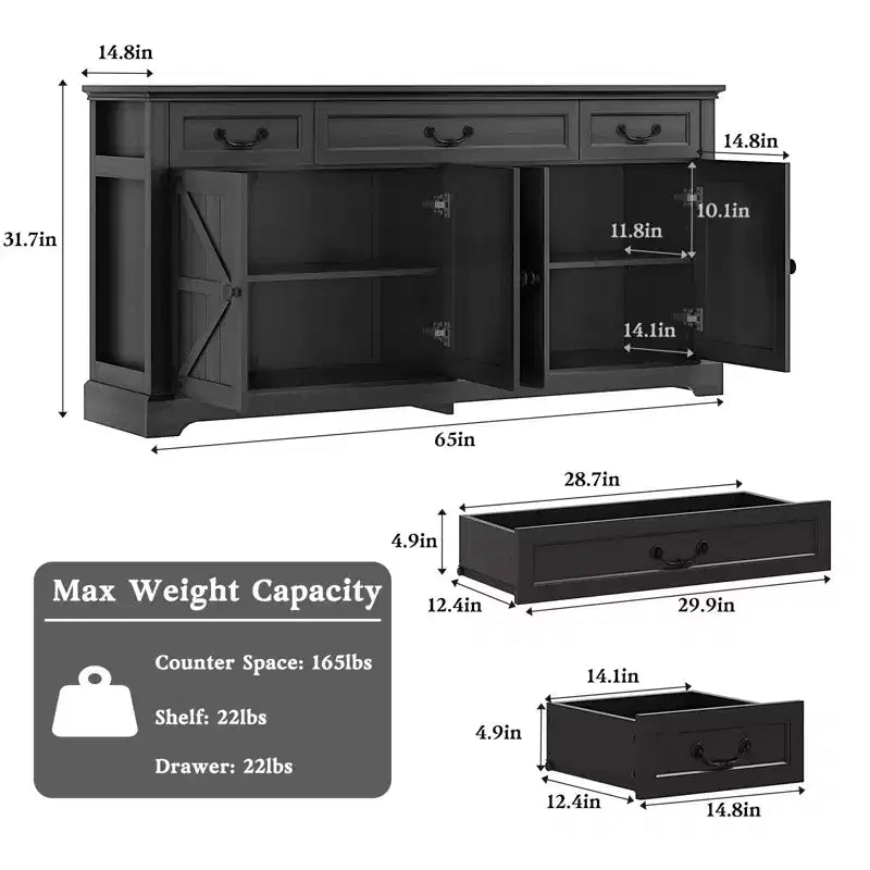 Dyonery Buffet avec grand rangement de 165 cm, 3 tiroirs et 4 portes, meuble de bar à café, blanc/gris.