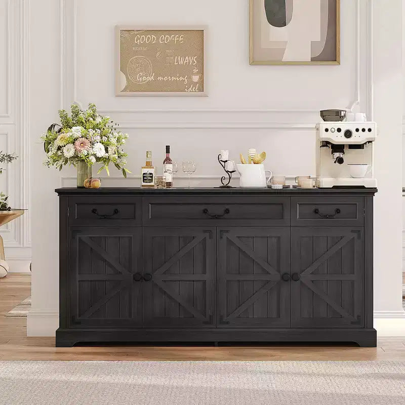 Dyonery Buffet avec grand rangement de 165 cm, 3 tiroirs et 4 portes, meuble de bar à café, blanc/gris.