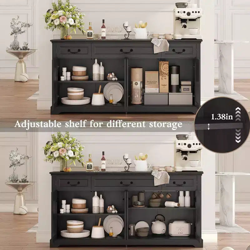 Dyonery Buffet avec grand rangement de 165 cm, 3 tiroirs et 4 portes, meuble de bar à café, blanc/gris.