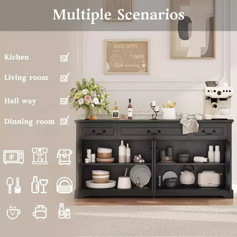 Dyonery Buffet avec grand rangement de 165 cm, 3 tiroirs et 4 portes, meuble de bar à café, blanc/gris.