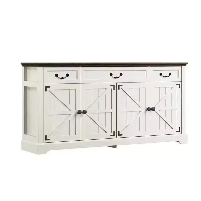 Dyonery Buffet avec grand rangement de 165 cm, 3 tiroirs et 4 portes, meuble de bar à café, blanc/gris.
