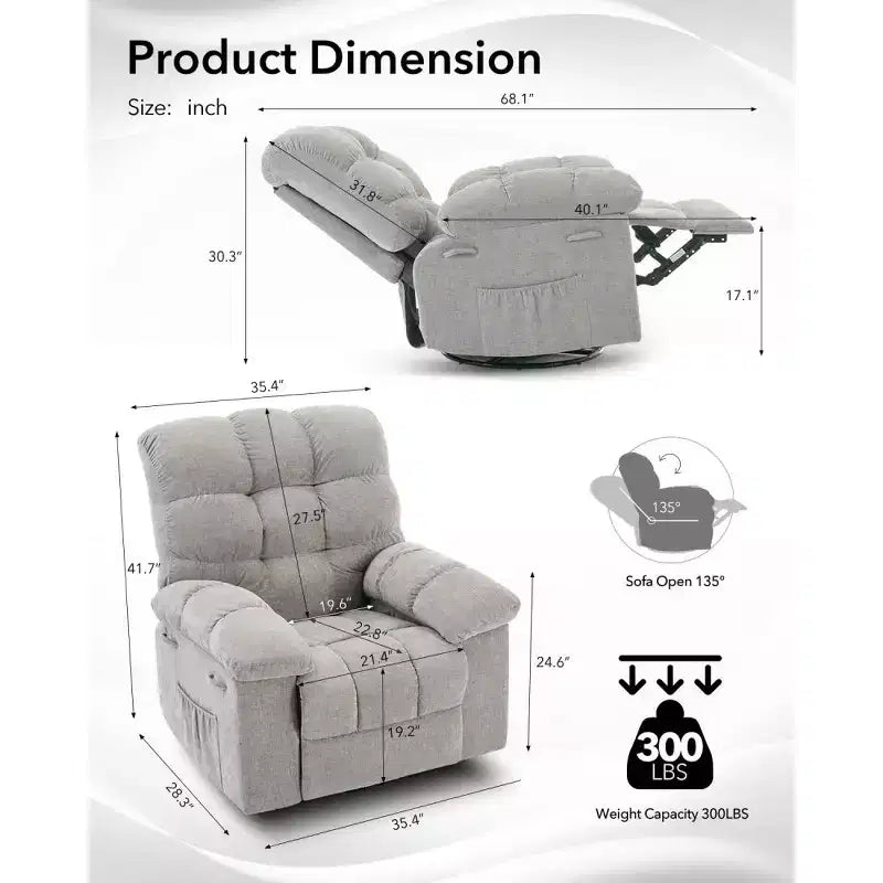 Fauteuil inclinable à bascule, fauteuil à bascule pivotant à 360° pour le salon, fauteuil de crèche rembourré en tissu avec poches latérales pour les petits espaces