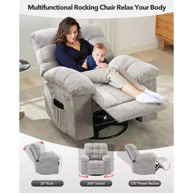 Fauteuil inclinable à bascule, fauteuil à bascule pivotant à 360° pour le salon, fauteuil de crèche rembourré en tissu avec poches latérales pour les petits espaces