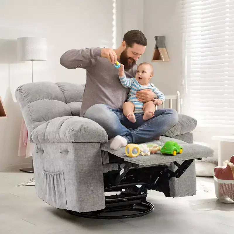 Fauteuil inclinable à bascule, fauteuil à bascule pivotant à 360° pour le salon, fauteuil de crèche rembourré en tissu avec poches latérales pour les petits espaces