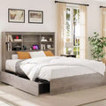 Queen Size Bed Frame with Storage Bookcase Headboard - Wood & Metal Frame with 4 Storage Drawers, Charging Station, No Box Spring Needed, Noise-Free