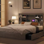Cadre de Lit Queen Size avec Tête de Lit Bibliothèque de Rangement – Cadre en Bois et Métal avec 4 Tiroirs de Rangement, Station de Charge, Pas Besoin de Sommier Tapissier, Silencieux