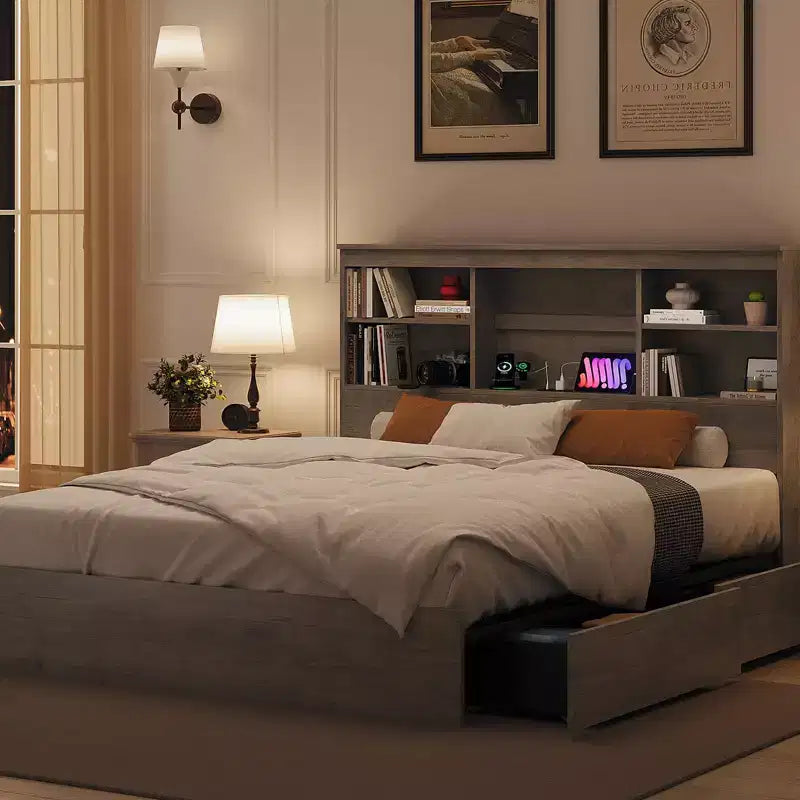 Cadre de Lit Queen Size avec Tête de Lit Bibliothèque de Rangement – Cadre en Bois et Métal avec 4 Tiroirs de Rangement, Station de Charge, Pas Besoin de Sommier Tapissier, Silencieux
