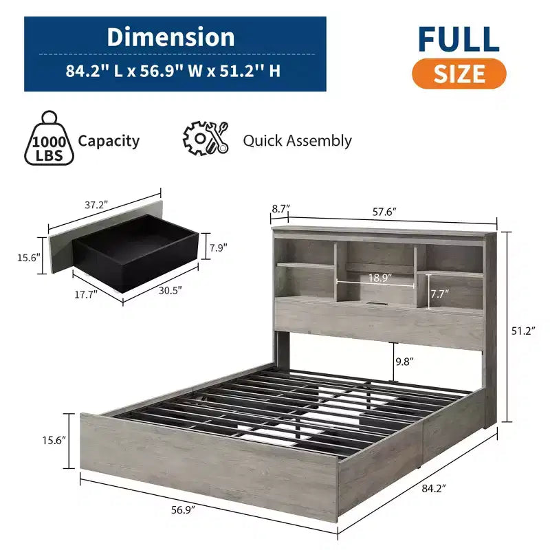 Cadre de Lit Queen Size avec Tête de Lit Bibliothèque de Rangement – Cadre en Bois et Métal avec 4 Tiroirs de Rangement, Station de Charge, Pas Besoin de Sommier Tapissier, Silencieux