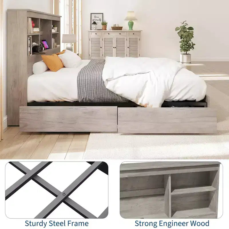 Cadre de Lit Queen Size avec Tête de Lit Bibliothèque de Rangement – Cadre en Bois et Métal avec 4 Tiroirs de Rangement, Station de Charge, Pas Besoin de Sommier Tapissier, Silencieux