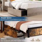 Cadre de Lit Queen Size avec Tête de Lit Bibliothèque de Rangement – Cadre en Bois et Métal avec 4 Tiroirs de Rangement, Station de Charge, Pas Besoin de Sommier Tapissier, Silencieux