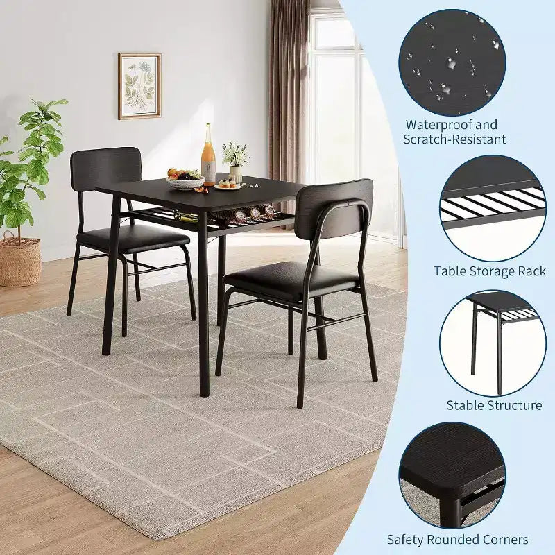 Ensemble de salle à manger 3 pièces pour 2 personnes avec table carrée, étagère de rangement, cadre métallique et chaises rembourrées, parfait pour les petits espaces, les appartements et les cuisines.