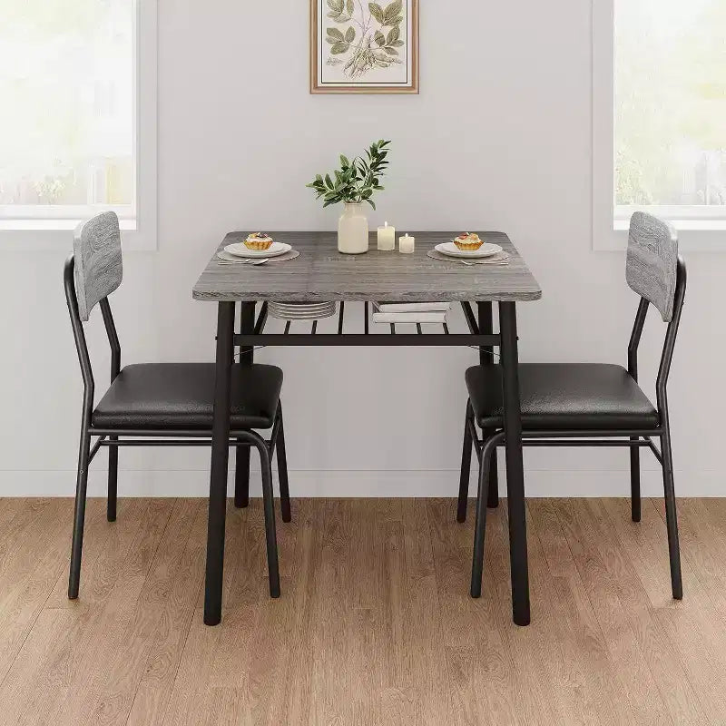 Ensemble de salle à manger 3 pièces pour 2 personnes avec table carrée, étagère de rangement, cadre métallique et chaises rembourrées, parfait pour les petits espaces, les appartements et les cuisines.