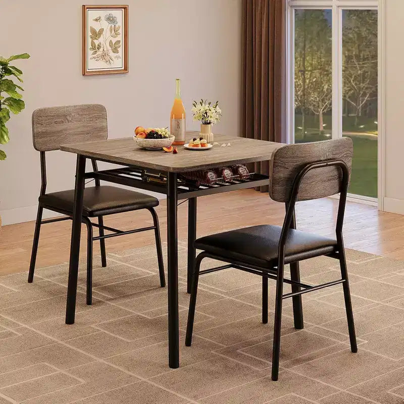 Ensemble de salle à manger 3 pièces pour 2 personnes avec table carrée, étagère de rangement, cadre métallique et chaises rembourrées, parfait pour les petits espaces, les appartements et les cuisines.