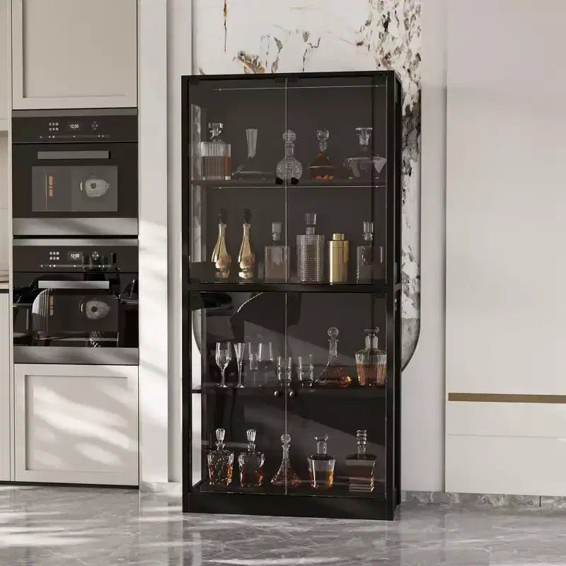 Famapy Vitrine en verre trempé 31,5x65 avec lumières à capteur de mouvement, armoire de rangement noire à 4 portes, grande vitrine, bibliothèque, buffet, garde-manger