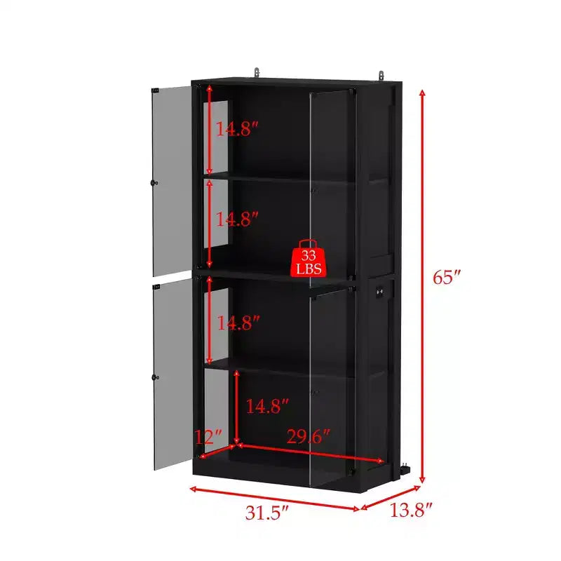 Famapy Vitrine en verre trempé 31,5x65 avec lumières à capteur de mouvement, armoire de rangement noire à 4 portes, grande vitrine, bibliothèque, buffet, garde-manger