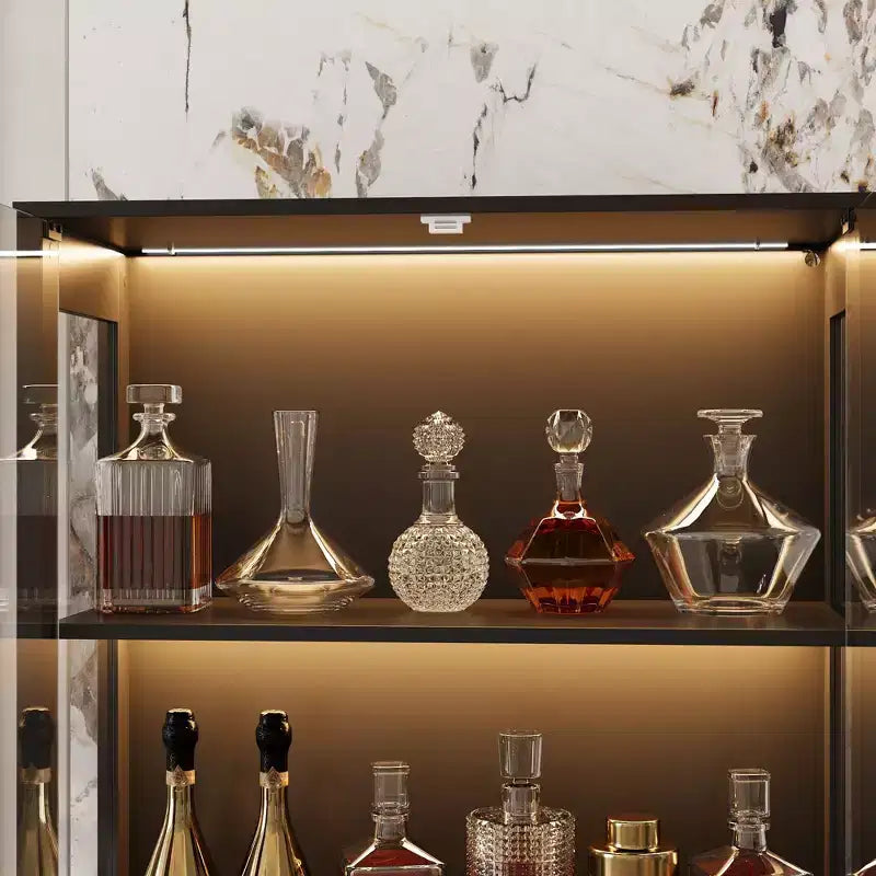 Famapy Vitrine en verre trempé 31,5x65 avec lumières à capteur de mouvement, armoire de rangement noire à 4 portes, grande vitrine, bibliothèque, buffet, garde-manger