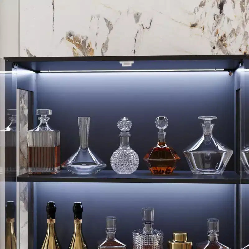 Famapy Vitrine en verre trempé 31,5x65 avec lumières à capteur de mouvement, armoire de rangement noire à 4 portes, grande vitrine, bibliothèque, buffet, garde-manger