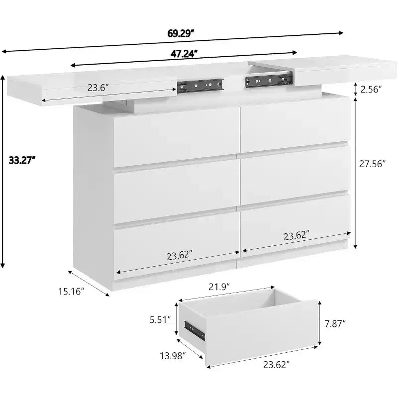 Coiffeuse moderne 6 tiroirs Dyonery - meuble de rangement avec lumières LED, rangement supérieur coulissant, chambre, salon