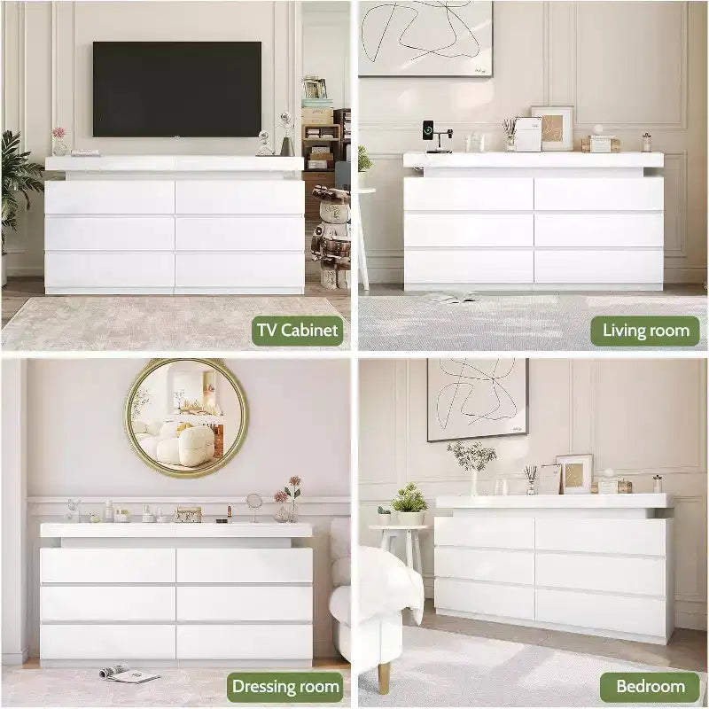 Coiffeuse moderne 6 tiroirs Dyonery - meuble de rangement avec lumières LED, rangement supérieur coulissant, chambre, salon