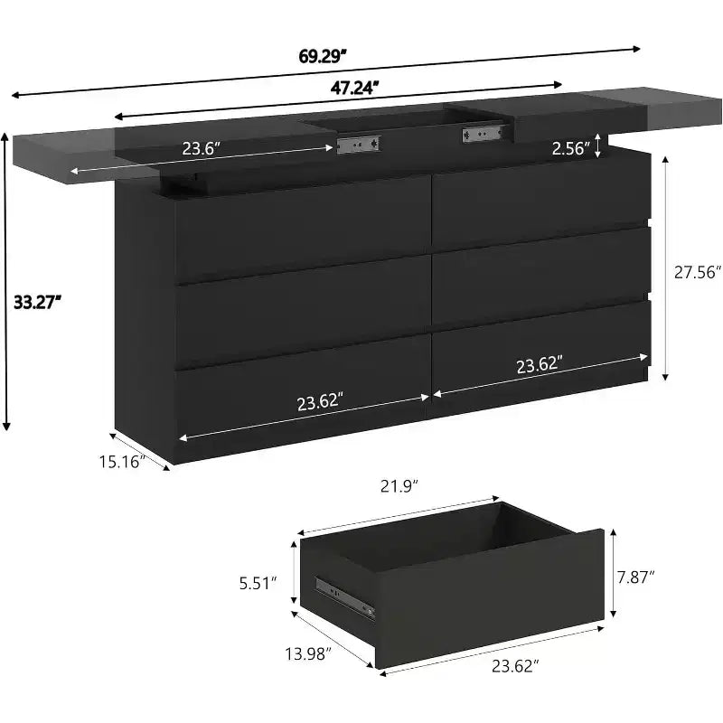 Coiffeuse moderne 6 tiroirs Dyonery - meuble de rangement avec lumières LED, rangement supérieur coulissant, chambre, salon