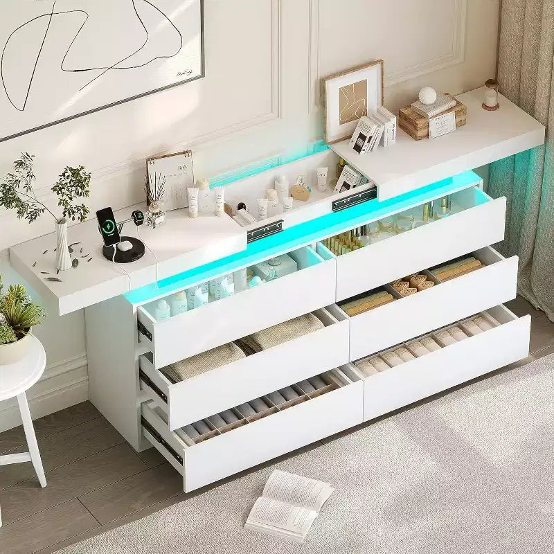 Coiffeuse moderne 6 tiroirs Dyonery - meuble de rangement avec lumières LED, rangement supérieur coulissant, chambre, salon