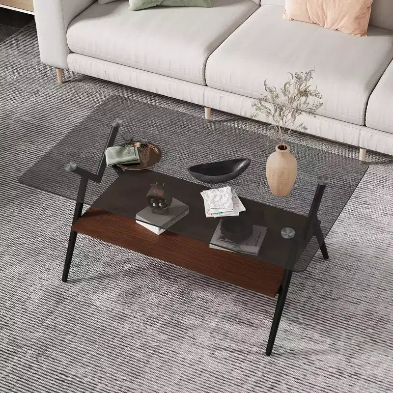 Table Basse à 2 Niveaux Okak Modern avec Plateau en Verre Trempé et Pieds en Métal Robustes, Table d'Appoint Centrale avec Étagère Ouverte pour Salon