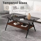 Table Basse à 2 Niveaux Okak Modern avec Plateau en Verre Trempé et Pieds en Métal Robustes, Table d'Appoint Centrale avec Étagère Ouverte pour Salon